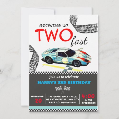 Two Fast Race Car Boy 2nd Birthday Party  Invitation