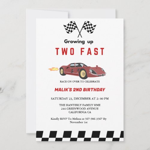 Two Fast Race Car Boy 2nd Birthday Party  Invitation