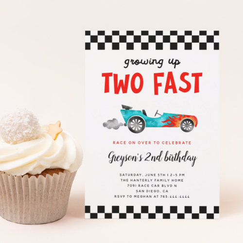 Two Fast Race Car Boy 2nd Birthday Party Invitation