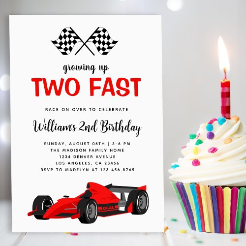 Two Fast Race Car Boy 2nd Birthday Party Invitation