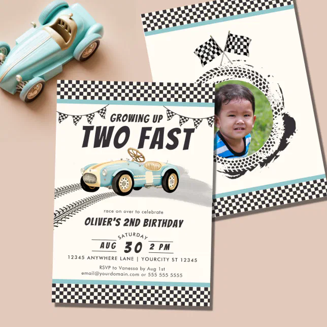 Two Fast Race Car Boy 2nd Birthday Party Invitation | Zazzle