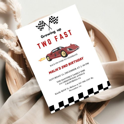 Two Fast Race Car Boy 2nd Birthday Party  Invitation