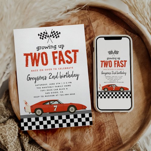 Two Fast Race Car Boy 2nd Birthday Party Invitation