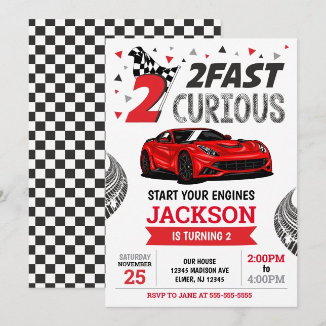 Two Fast Race Car Boy 2nd Birthday Party Invitation (Front/Back)