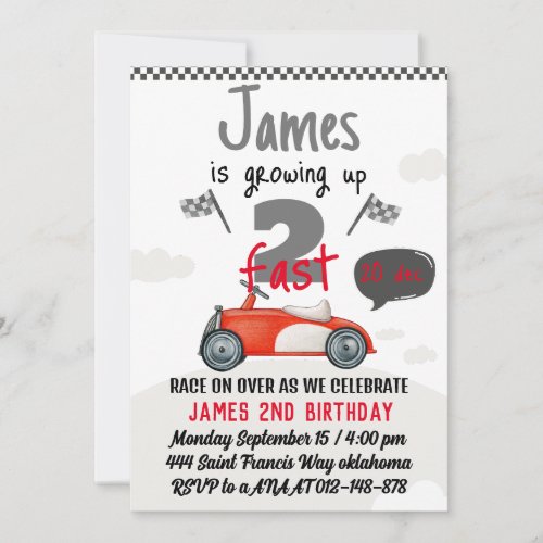 Two Fast Race Car Boy 2nd Birthday Party Invitation