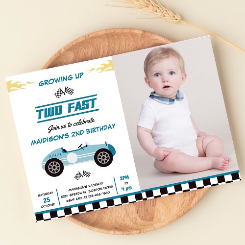 Two Fast Race Car Boy 2nd Birthday Party Photo  Invitation