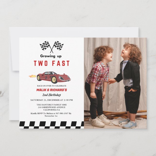 Two Fast Race Car Boy 2nd Joint Birthday Party  Invitation (Front)