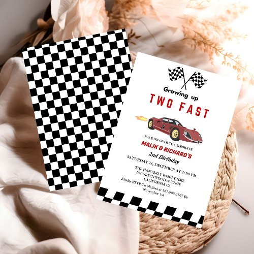 Two Fast Race Car Boy 2nd Joint Birthday Party  Invitation