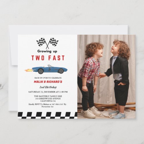 Two Fast Race Car Boy 2nd Joint Birthday Party  Invitation
