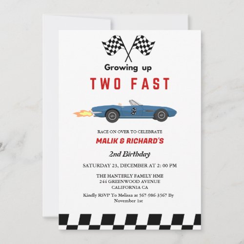 Two Fast Race Car Boy 2nd Joint Birthday Party  Invitation