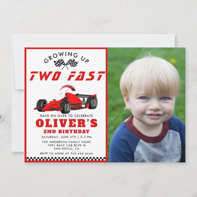 Two Fast Race Car Boy 2nd Photo Birthday Party  Invitation (Front)