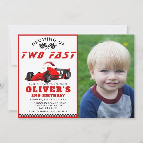 Two Fast Race Car Boy 2nd Photo Birthday Party  Invitation