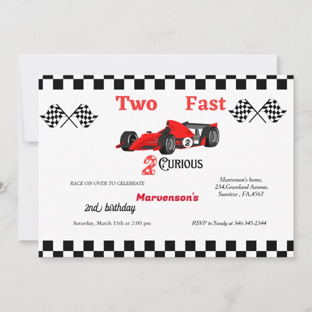 Two fast race car boys 2nd birthday party  invitation (Front)