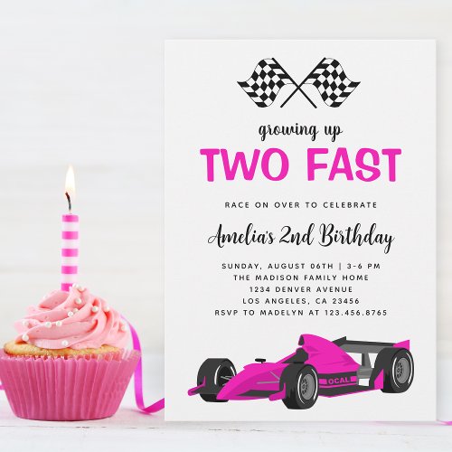 Two Fast Race Car Girl 2nd Birthday Party Invitation