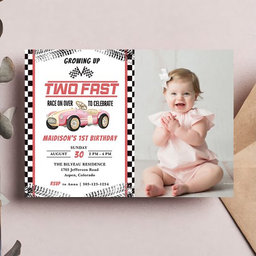 Two Fast Race Car Girl 2nd Birthday Party Photo  Invitation