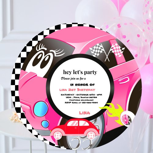 Two Fast Race Car girls 2nd Birthday Party circle Invitation