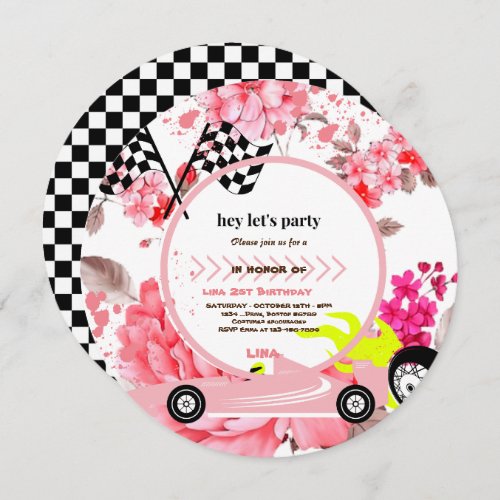 Two Fast Race Car girls  2nd Birthday Party  Invit Invitation