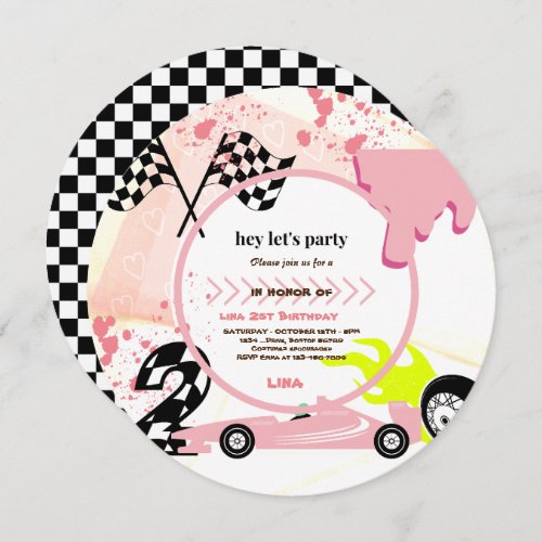 Two Fast Race Car girls  2nd Birthday Party  Invitation
