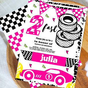 Two Fast Race Car girls 2nd Birthday Party pink Invitation