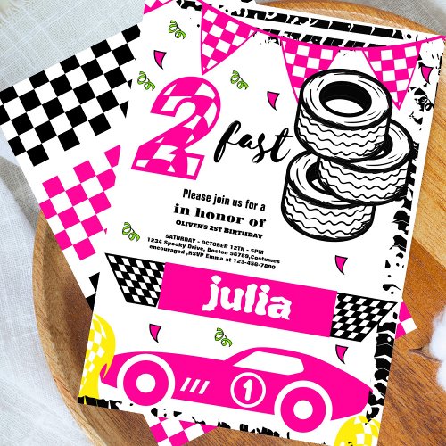 Two Fast Race Car girls 2nd Birthday Party pink Invitation