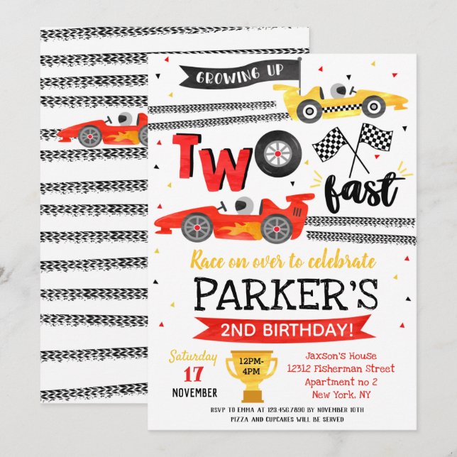 Two Fast Race Car Racing 2nd Birthday Invitation (Front/Back)