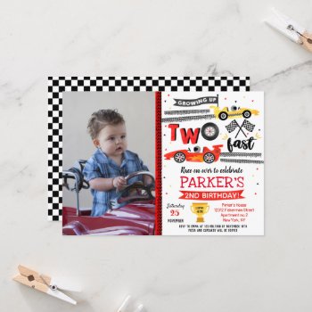 Two Fast Race Car Racing 2nd Birthday Invitations by SugarPlumPaperie at Zazzle