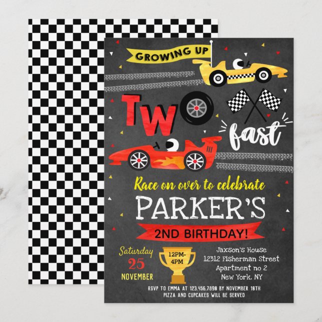 Two Fast  Race Car Racing 2nd Birthday Invitations (Front/Back)