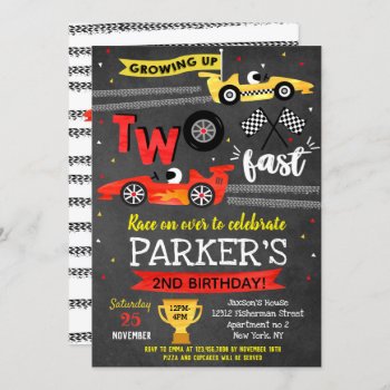 Two Fast  Race Car Racing 2nd Birthday Invitations by SugarPlumPaperie at Zazzle