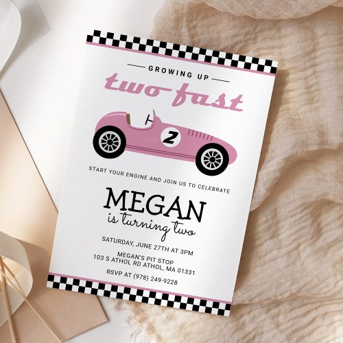 Two Fast Race Car Racing Birthday Pink Invitation