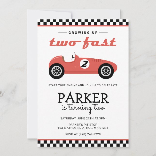 Two Fast Race Car Racing Birthday Red Invitation (Front)