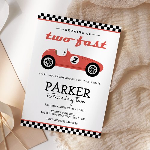 Two Fast Race Car Racing Birthday Red Invitation