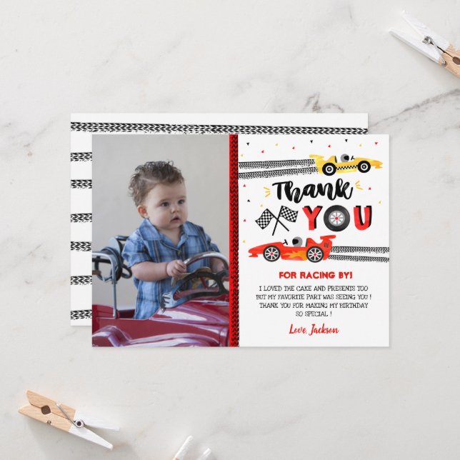Two Fast Race Car Racing Birthday Thank You cards (Front/Back In Situ)