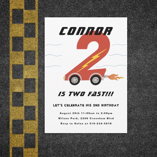 Two Fast Race Car Second Birthday Party Invitation