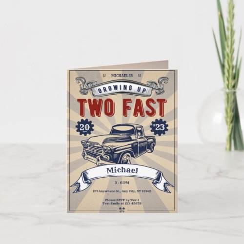 Two Fast Race Car Second Birthday Theme Boy Invitation