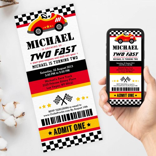 Two Fast Race Car Ticket Pass Second Birthday Invitation
