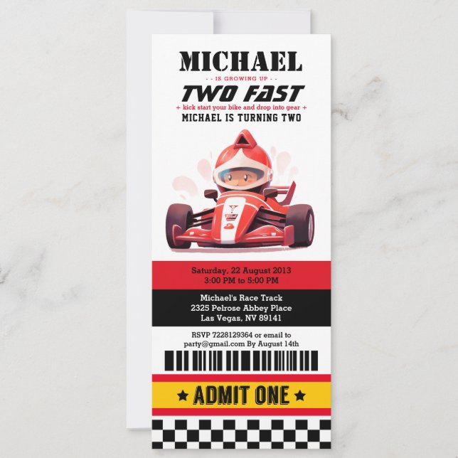Two Fast Race Car Ticket Pass Second Birthday Invitation (Front)