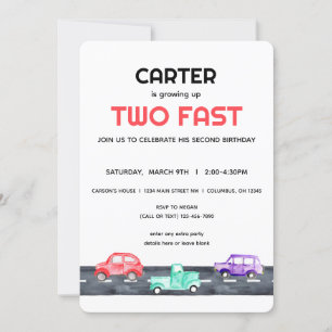 Two Fast Race Car Truck 2nd Birthday Boy Invitation