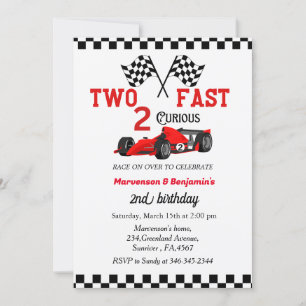 Two fast race car twin boys 2nd birthday party  invitation