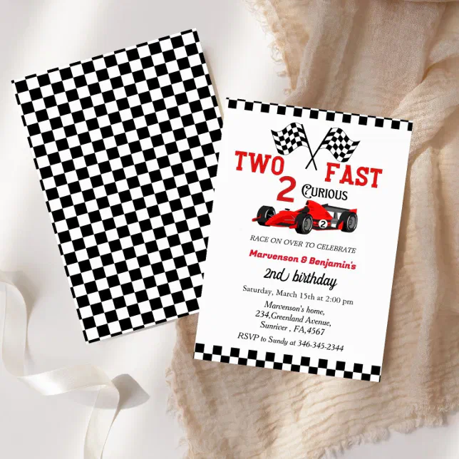 Two fast race car twin boys 2nd birthday party invitation | Zazzle