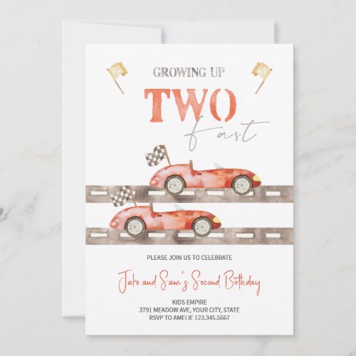 TWO Fast Race Car Twins Birthday Invitation 