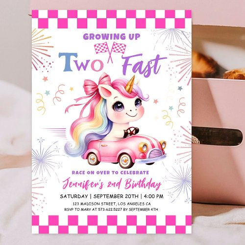 Two Fast Race Pink Car Girl 2nd Birthday Party  Invitation