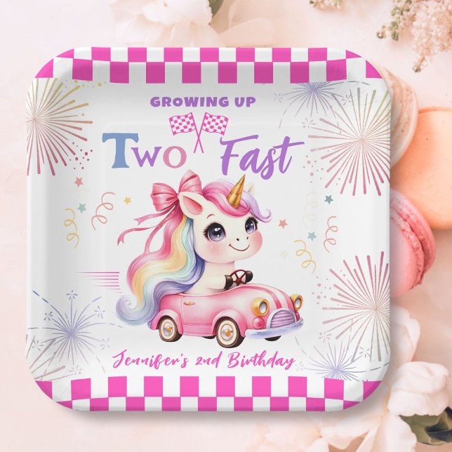 Two Fast Race Pink Car Girl 2nd Birthday Party Paper Plates (Creator Uploaded)
