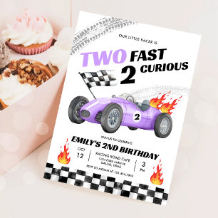 Two Fast Race Purple Car 2nd Racing Girl Birthday Invitation