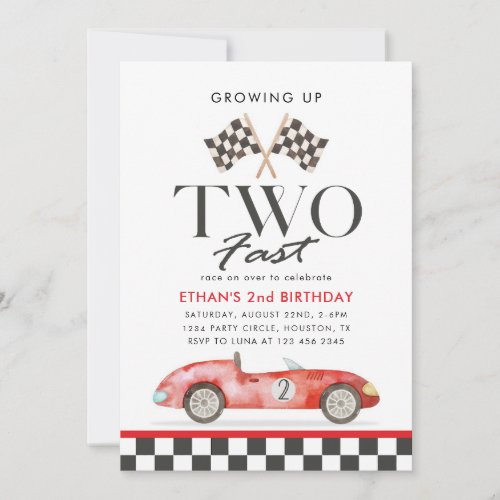 TWO Fast Race red Car 2nd Birthday boy Invitation