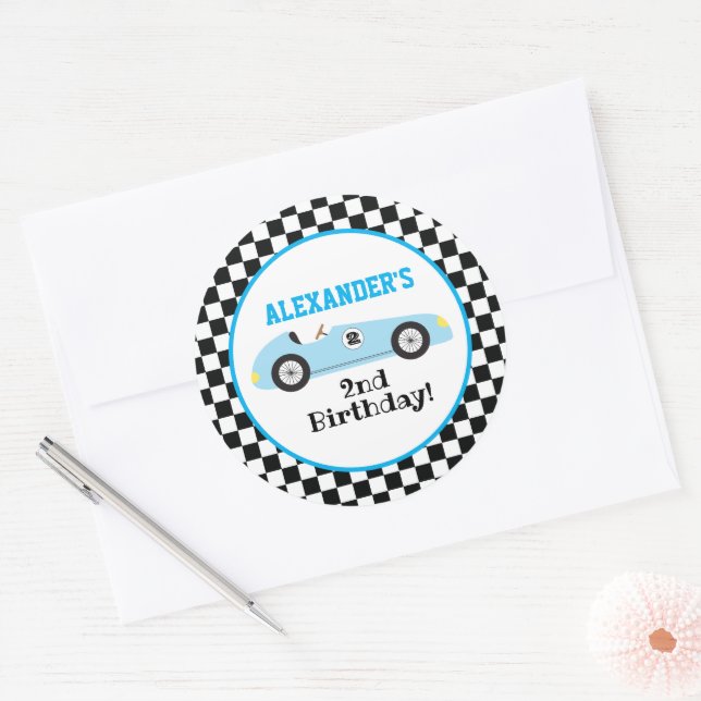 Two Fast Racecar Blue Racing Boy Birthday Classic Round Sticker (Envelope)