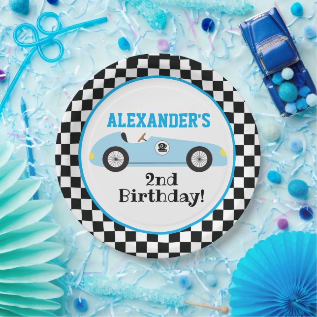 Two Fast Racecar Blue Racing Boy Birthday Paper Plates (Party)