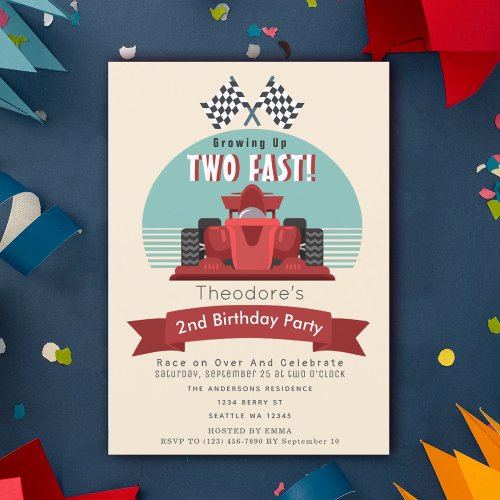 Two Fast Racecar Kids 2nd Birthday Invitation