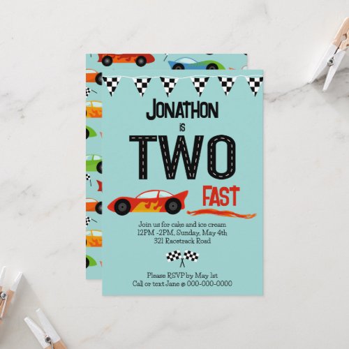 TWO fast racecar themed 2nd birthday party Invitation