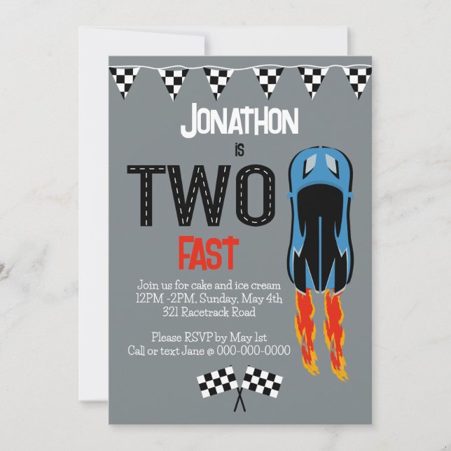 TWO fast racecar themed 2nd birthday party Invitation (Front)