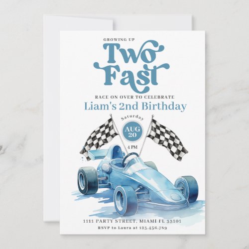 Two Fast Racing Boy Blue Race Car Birthday Party Invitation